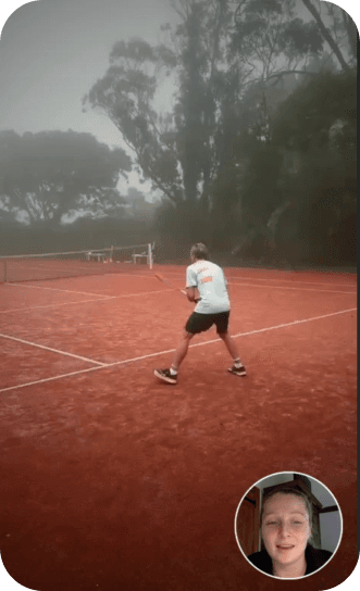 A touring pro reviewing a clay-court session, their face in a corner bubble